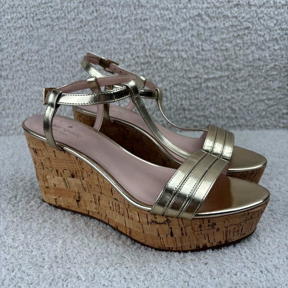 Kate Spade Sandal Womens 9M Gold Tallin Strappy Open Toe Espadrille Platform Wed